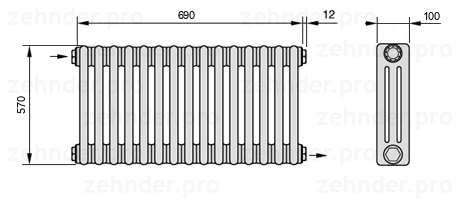 Схема (чертеж) Радиатор Zehnder Charleston 3057/15 №1670 Technoline TL